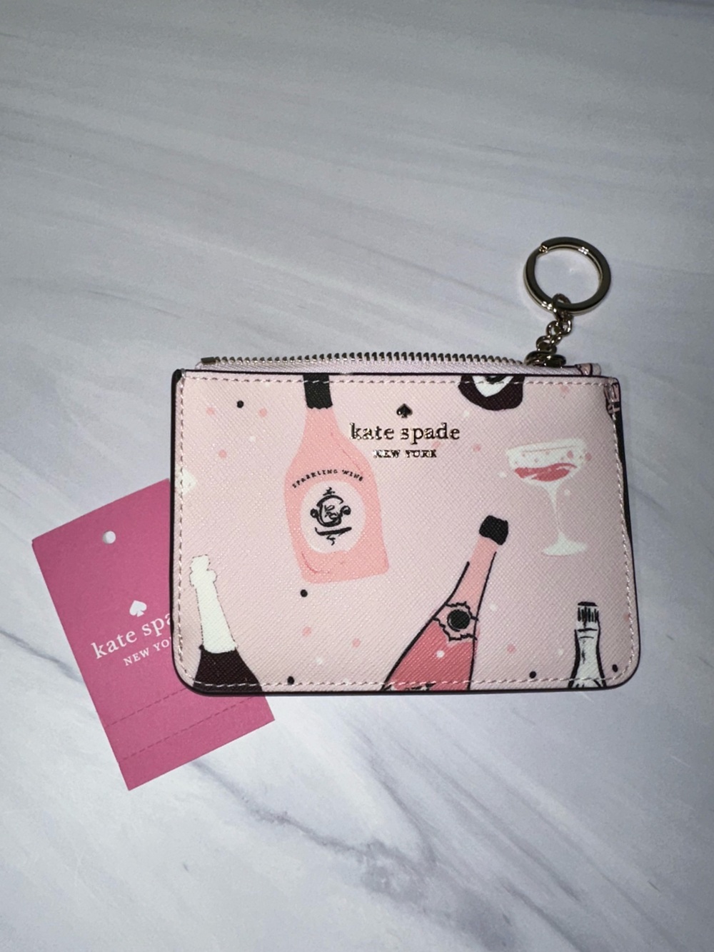 Kate Spade Bitsy Wallet Keychain Champagne Toss Pink Multi New!